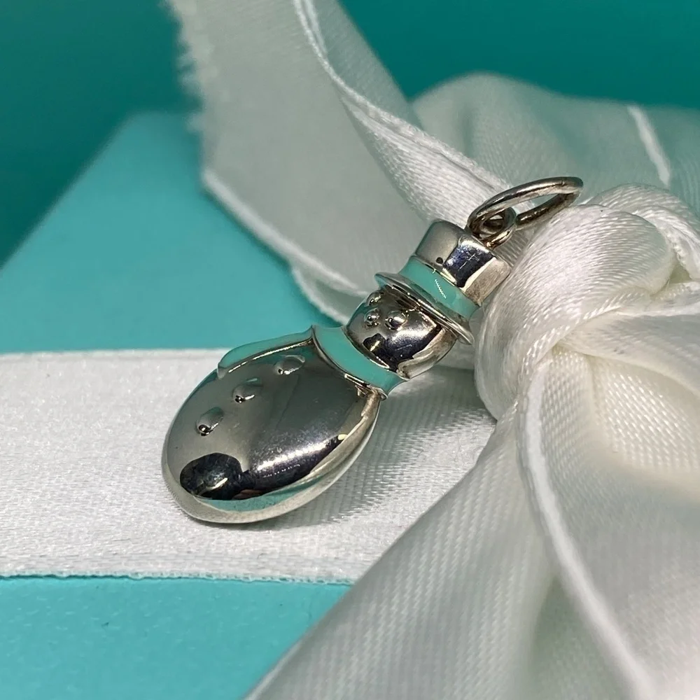 Tiffany & Co Snowman blue enamel scarf charm RARE box pouch 925 NWT